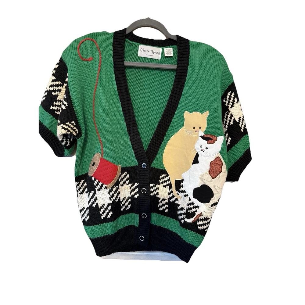 Vintage 1990s Sharon Young Abstract Cat Cardigan Green Black Plaid Knit Size Sm
